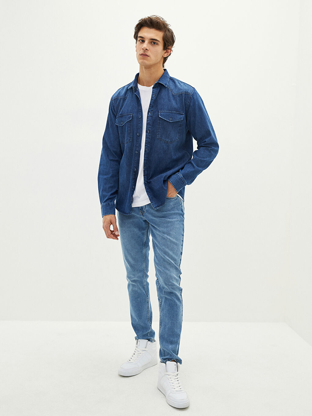 İndigo Slim Fit Uzun Kollu Erkek Jean Gömlek-3