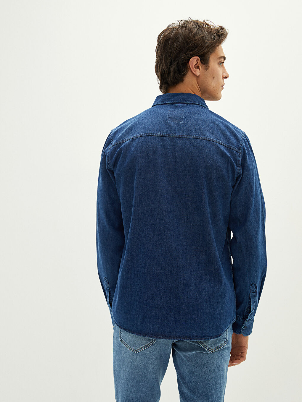 İndigo Slim Fit Uzun Kollu Erkek Jean Gömlek-4