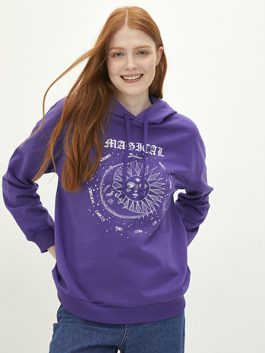 Mor Kapüşonlu Baskılı Uzun Kollu Kadın Sweatshirt-1