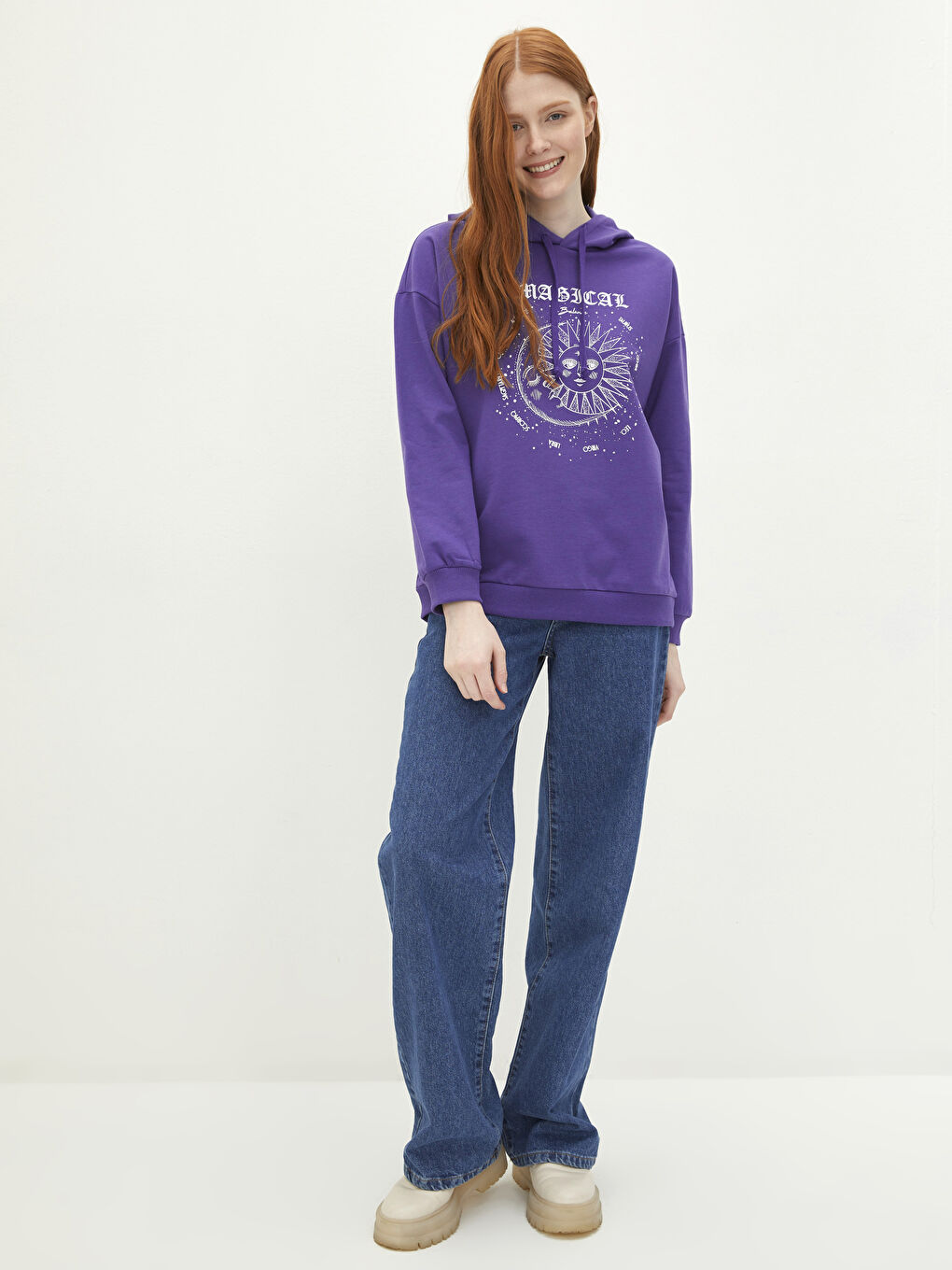 Mor Kapüşonlu Baskılı Uzun Kollu Kadın Sweatshirt-2