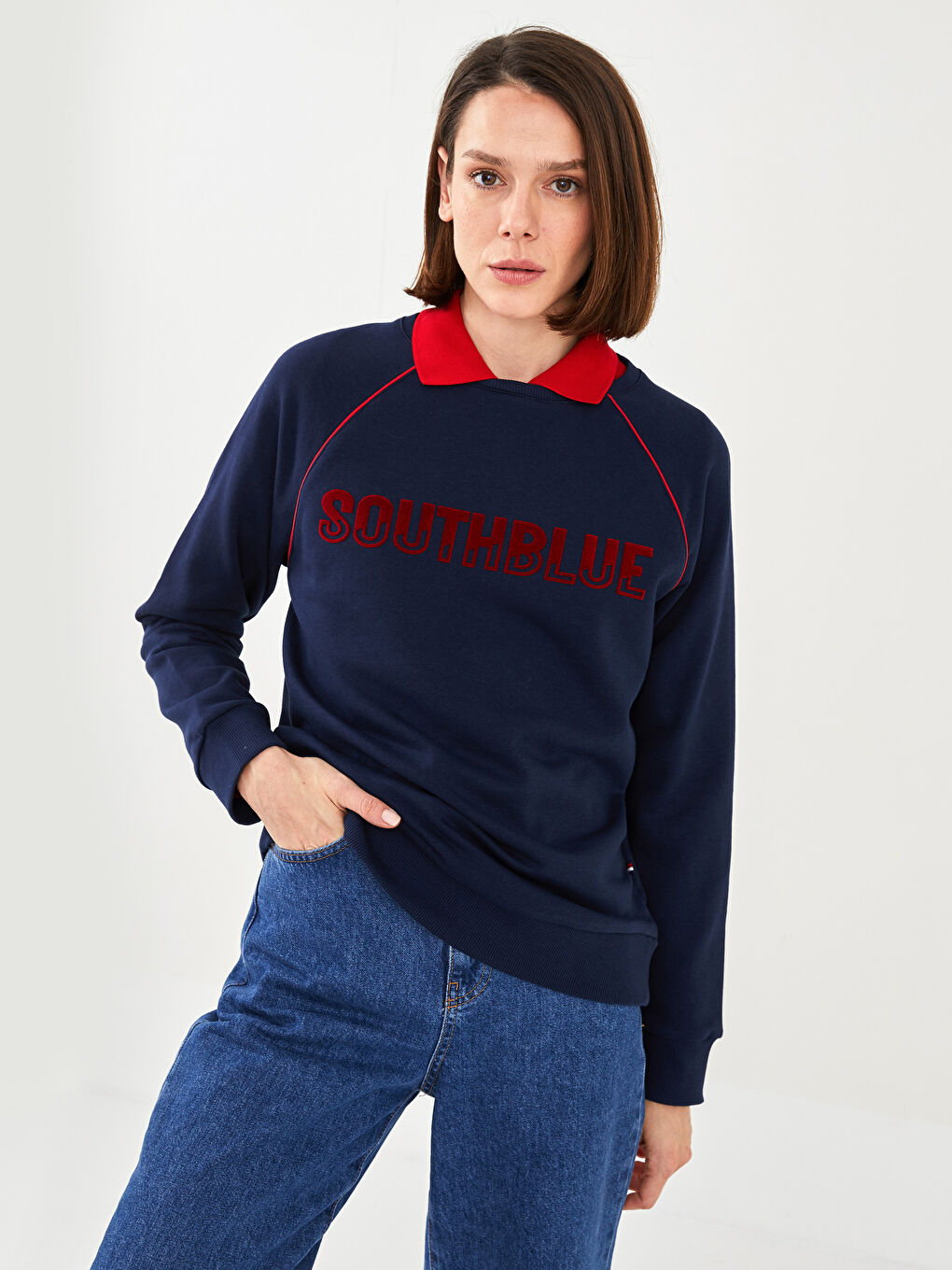 Lacivert Bisiklet Yaka Baskılı Uzun Kollu Kadın Sweatshirt