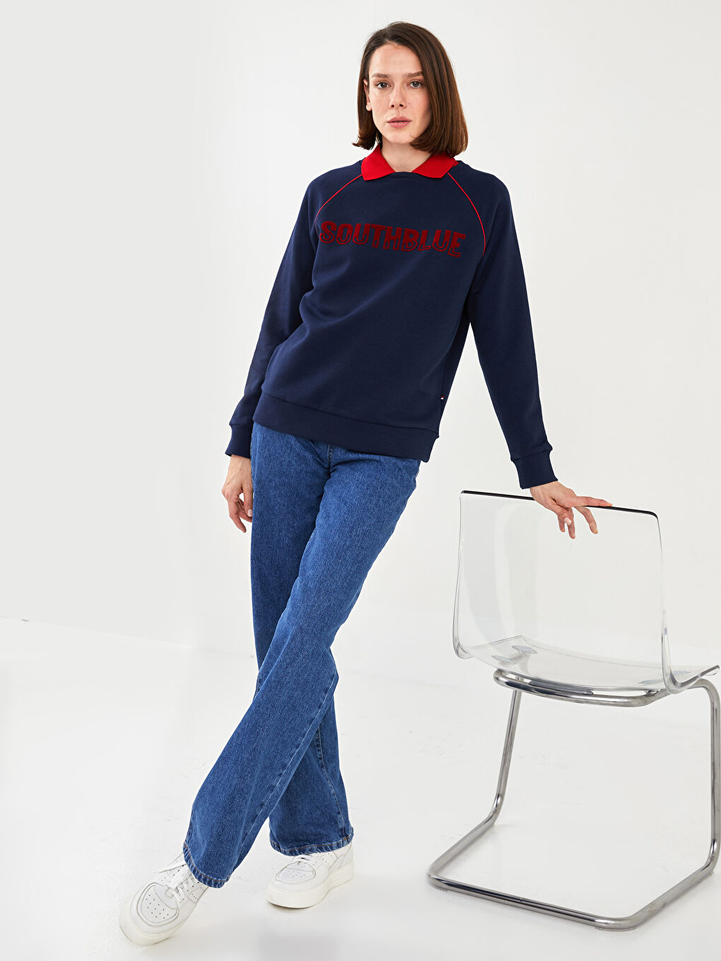 Lacivert Bisiklet Yaka Baskılı Uzun Kollu Kadın Sweatshirt-2