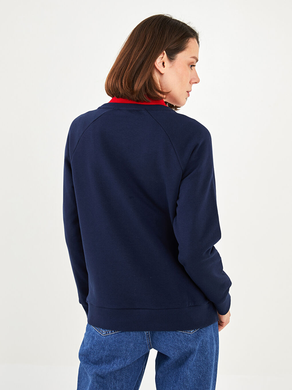 Lacivert Bisiklet Yaka Baskılı Uzun Kollu Kadın Sweatshirt-3