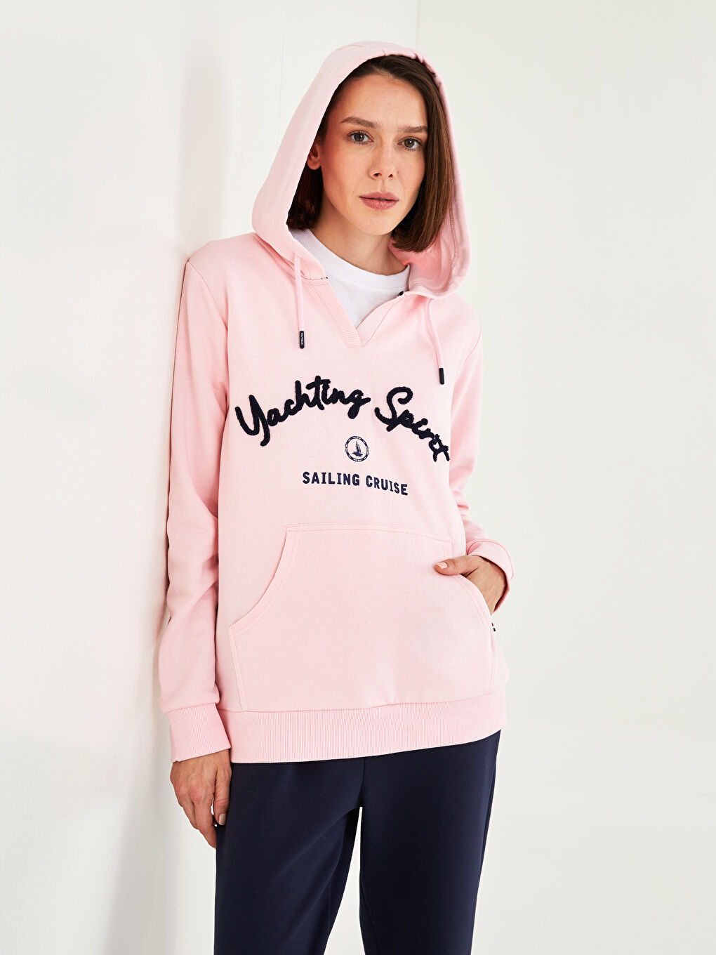 Pembe Baskılı Kadın Kalın Hoodie