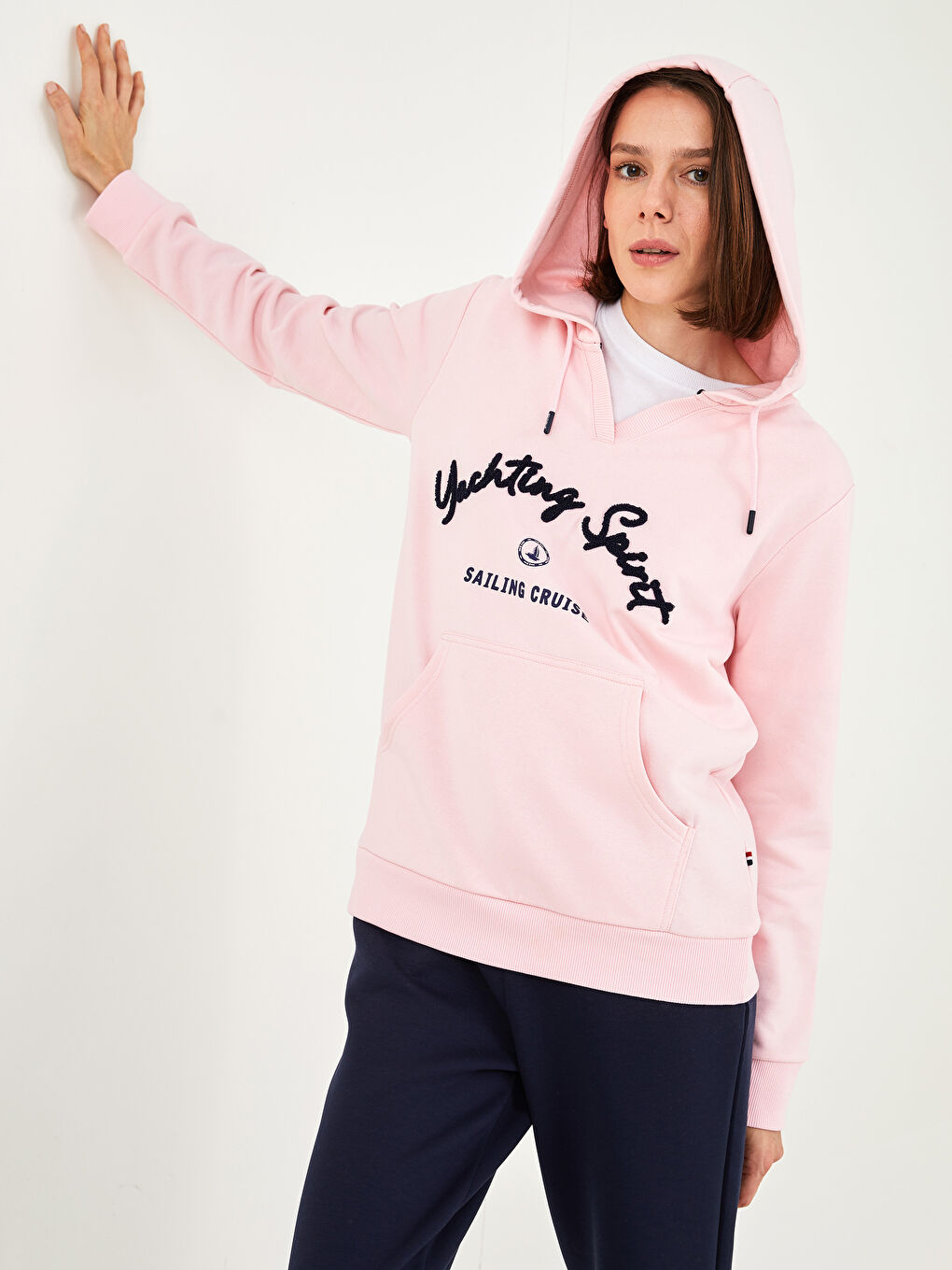 Pembe Baskılı Kadın Kalın Hoodie-1