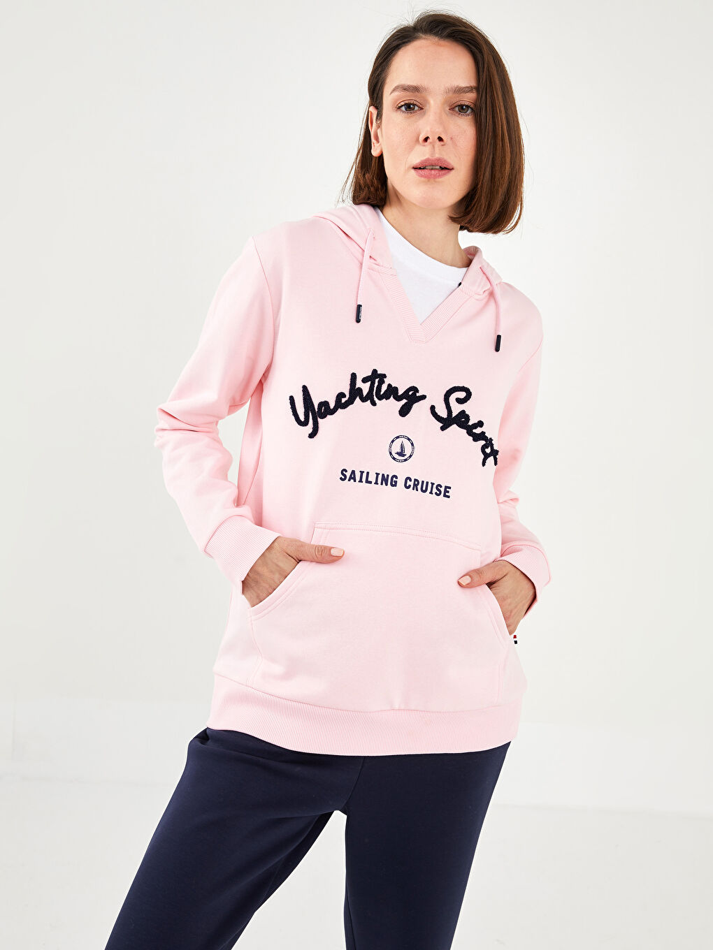 Pembe Baskılı Kadın Kalın Hoodie-2