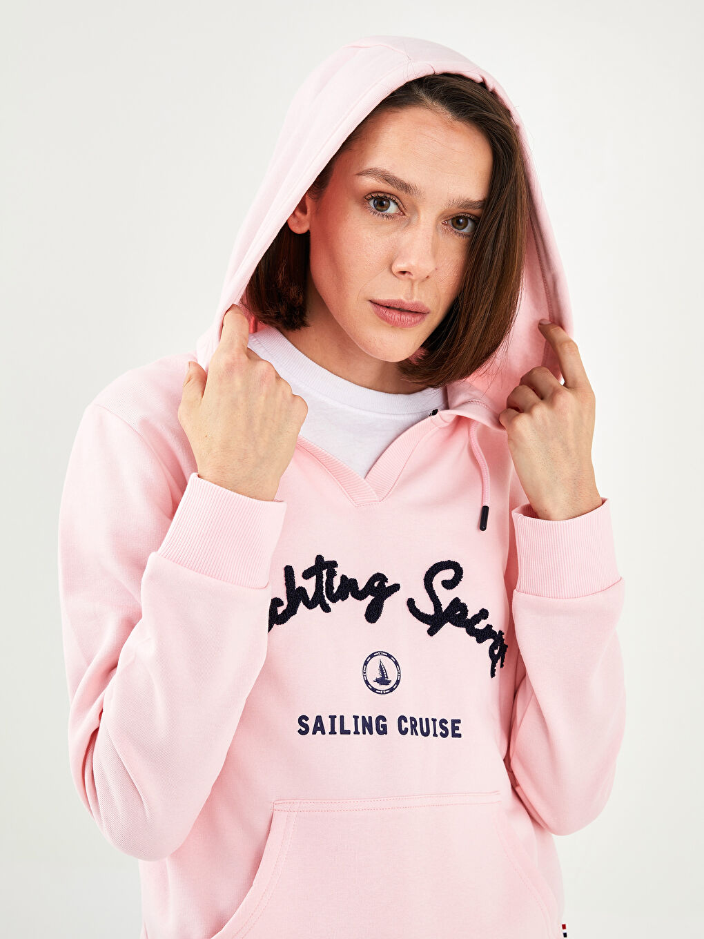 Pembe Baskılı Kadın Kalın Hoodie-3