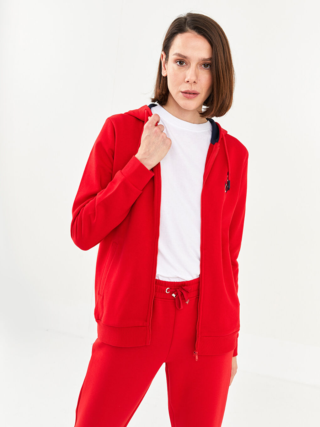 Kırmızı Kapüşonlu Baskılı Uzun Kollu Pamuklu Kadın Spor Hırka