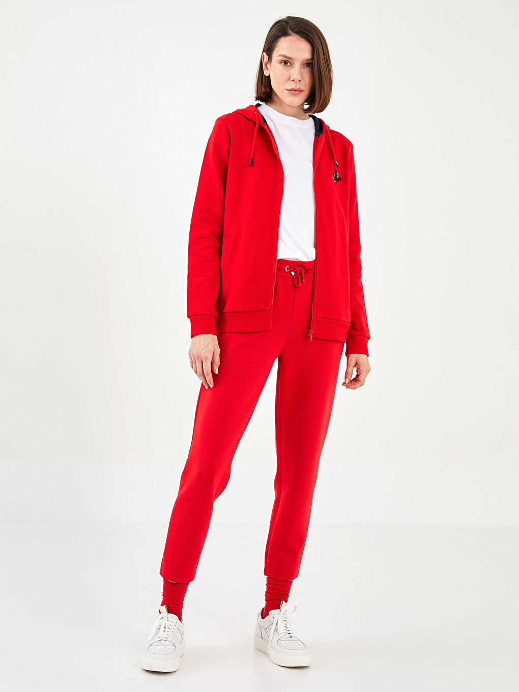 Kırmızı Kapüşonlu Baskılı Uzun Kollu Pamuklu Kadın Spor Hırka-3