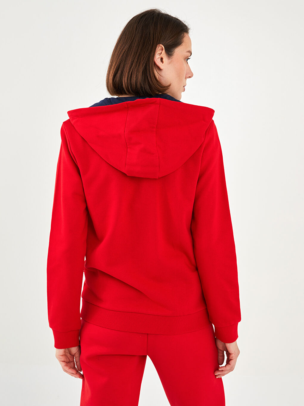 Kırmızı Kapüşonlu Baskılı Uzun Kollu Pamuklu Kadın Spor Hırka-4