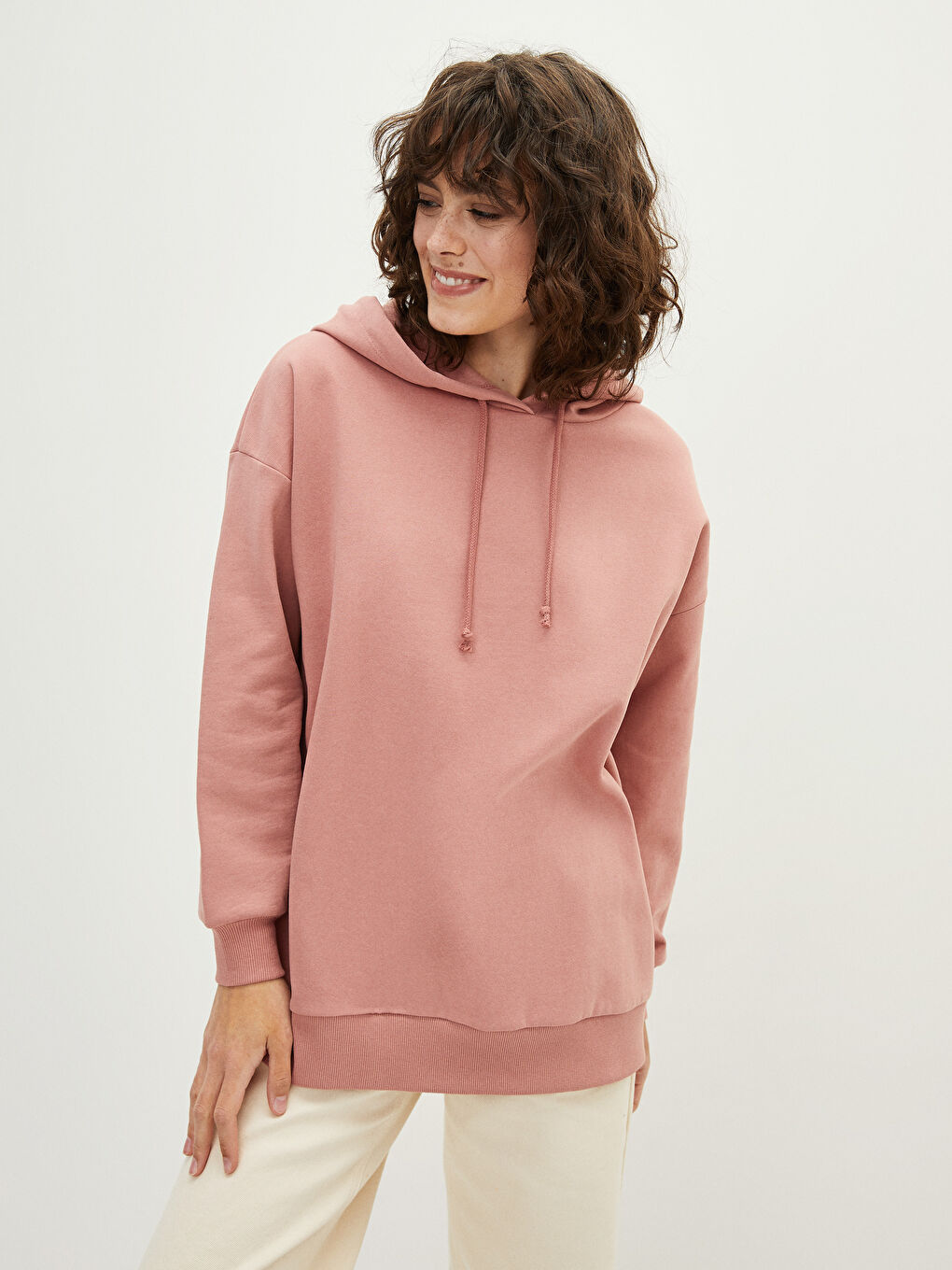 Pembe Kapüşonlu Baskılı Uzun Kollu Kadın Sweatshirt