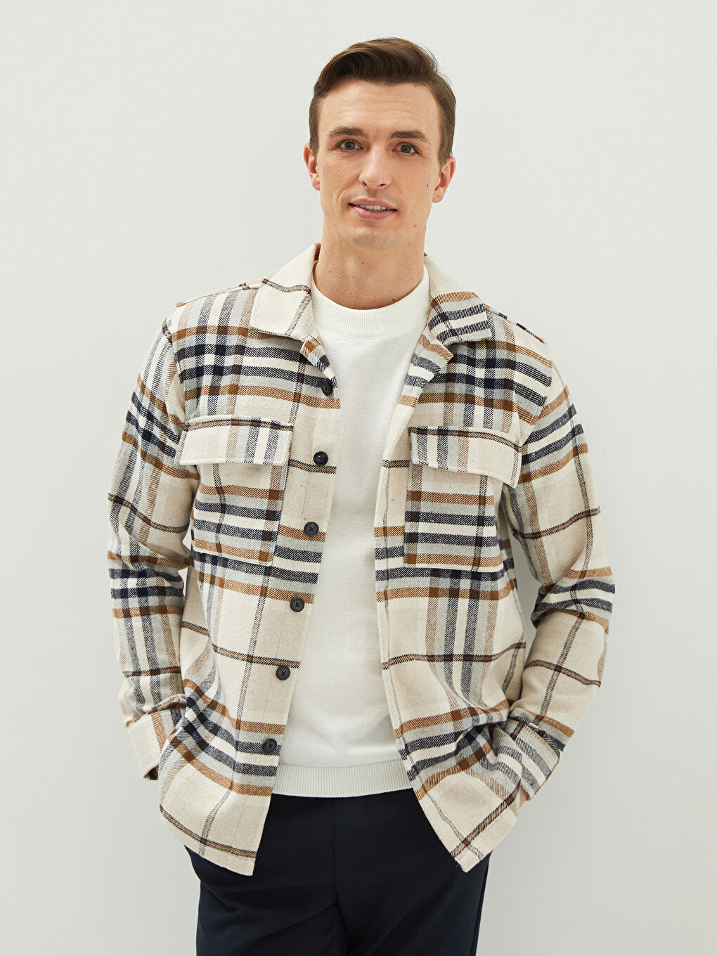 Bej Regular Fit Uzun Kollu Ekose Erkek Oduncu Gömlek