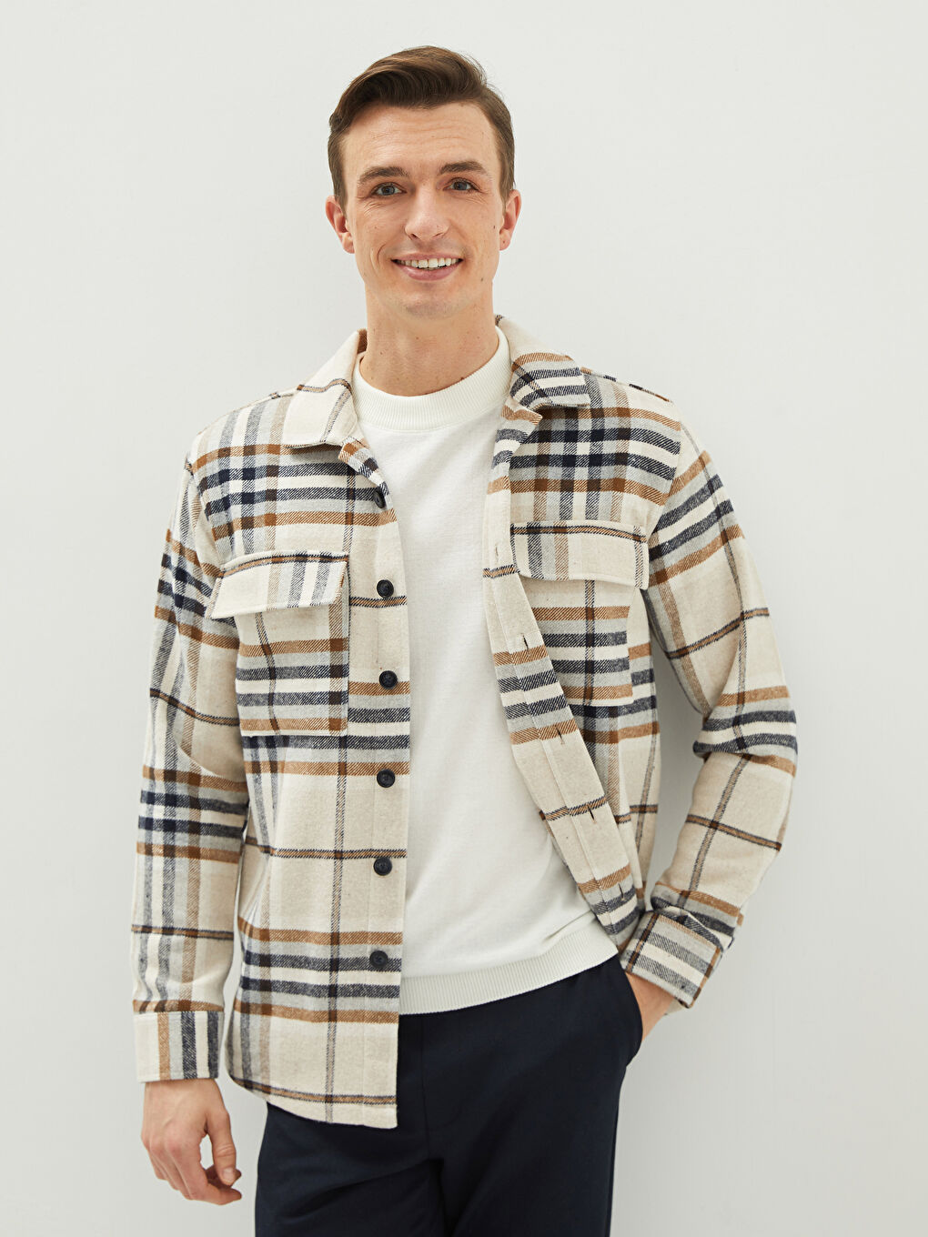 Bej Regular Fit Uzun Kollu Ekose Erkek Oduncu Gömlek-1