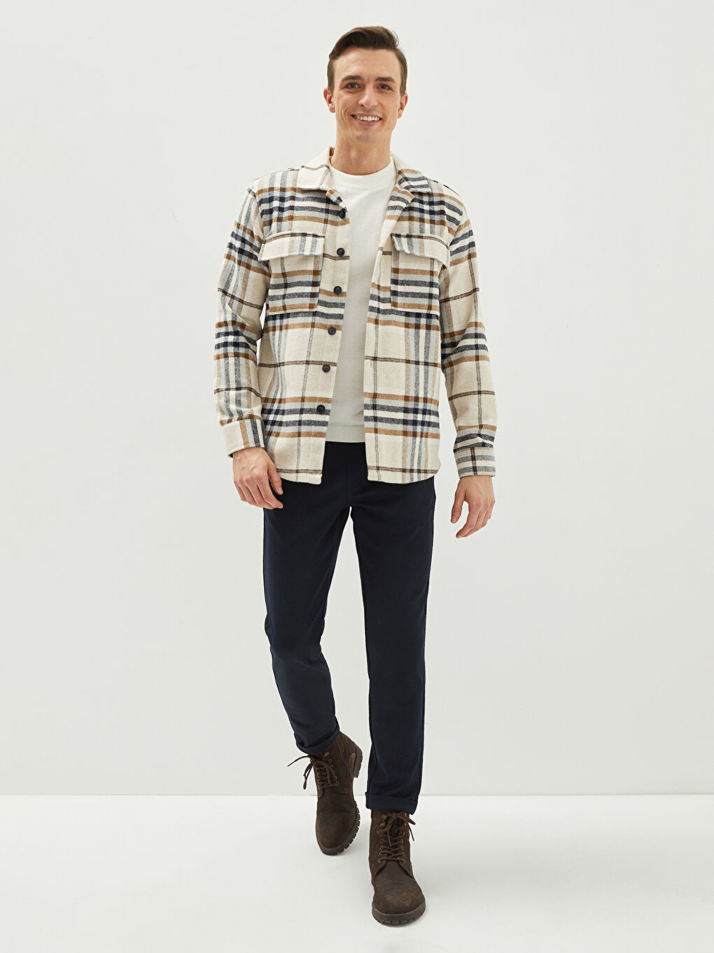 Bej Regular Fit Uzun Kollu Ekose Erkek Oduncu Gömlek-2