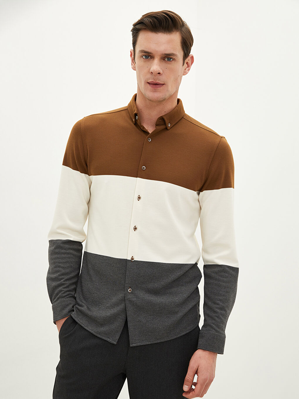 Kahverengi Slim Fit Uzun Kollu Renk Bloklu Erkek Gömlek
