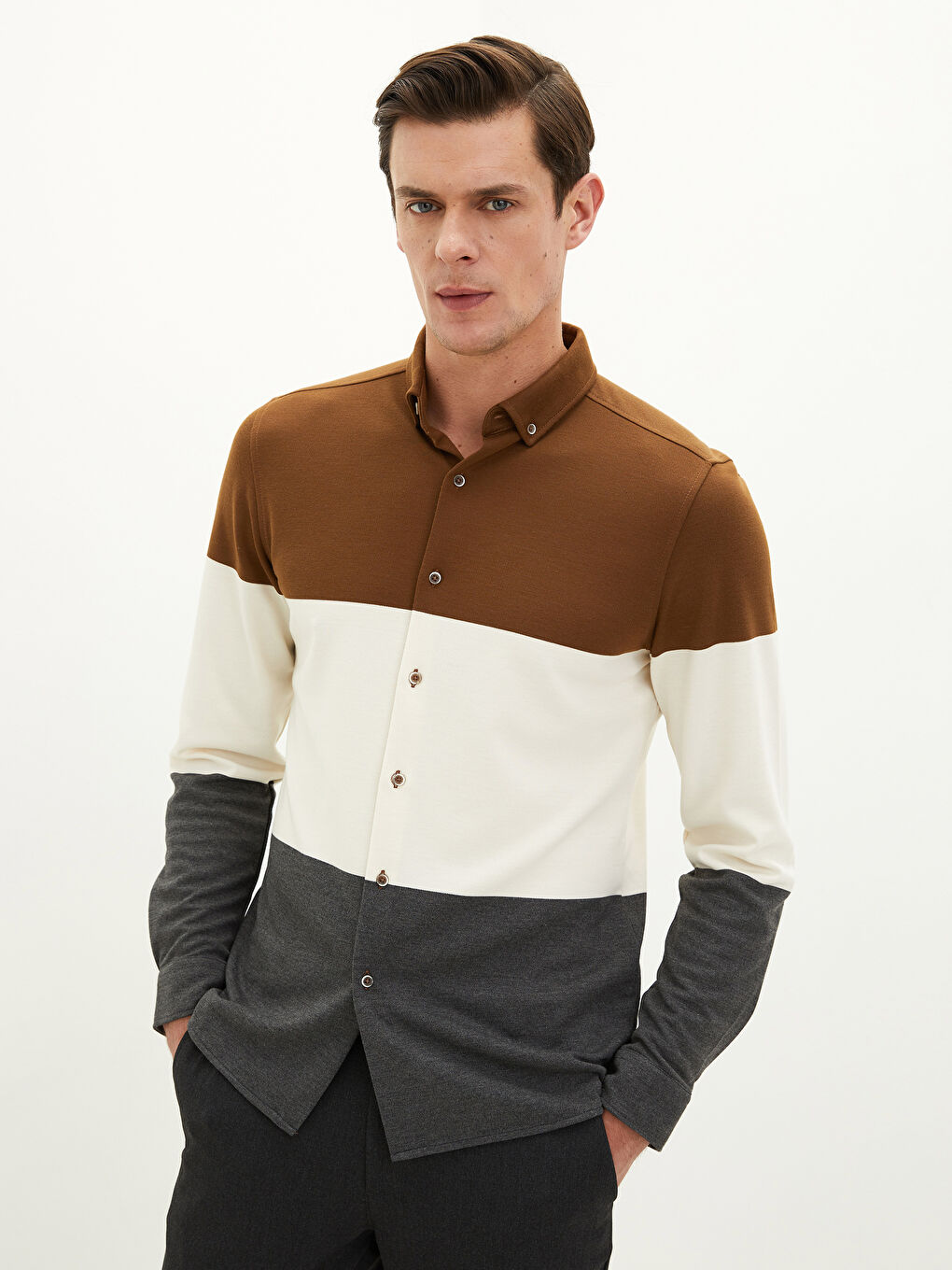 Kahverengi Slim Fit Uzun Kollu Renk Bloklu Erkek Gömlek-1