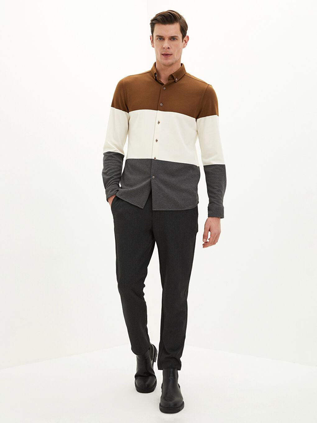 Kahverengi Slim Fit Uzun Kollu Renk Bloklu Erkek Gömlek-2