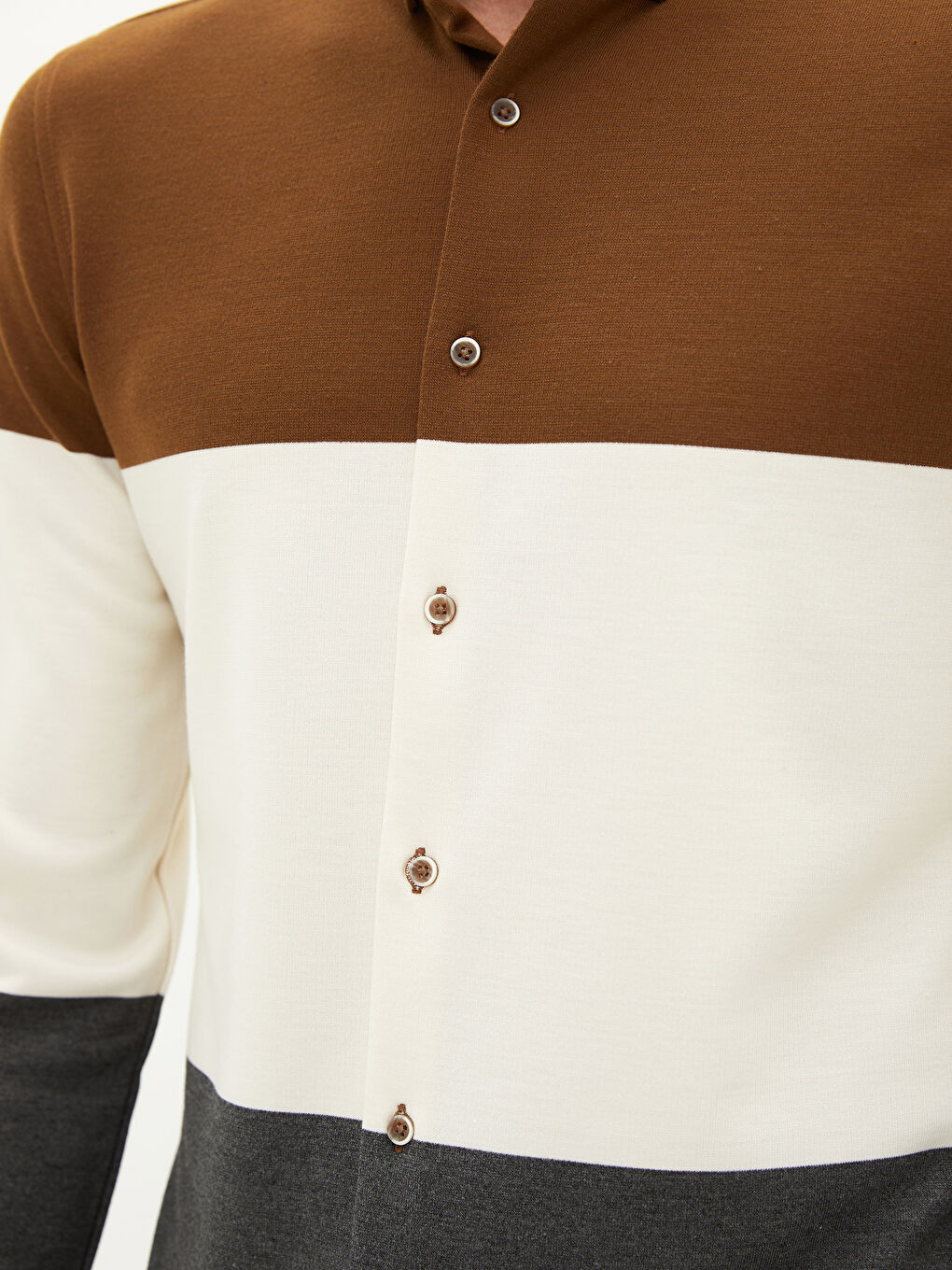 Kahverengi Slim Fit Uzun Kollu Renk Bloklu Erkek Gömlek-3