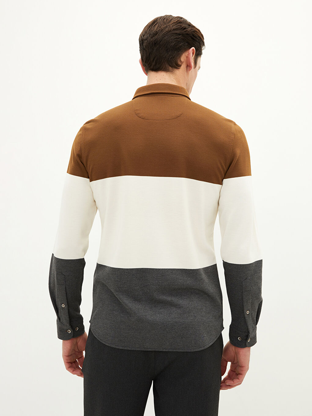 Kahverengi Slim Fit Uzun Kollu Renk Bloklu Erkek Gömlek-4