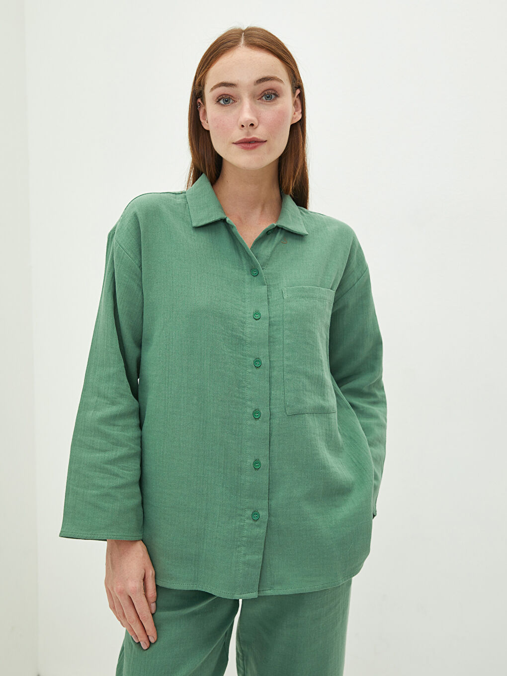 Yeşil Gömlek Yaka Uzun Kollu Pamuklu Kadın Tunik