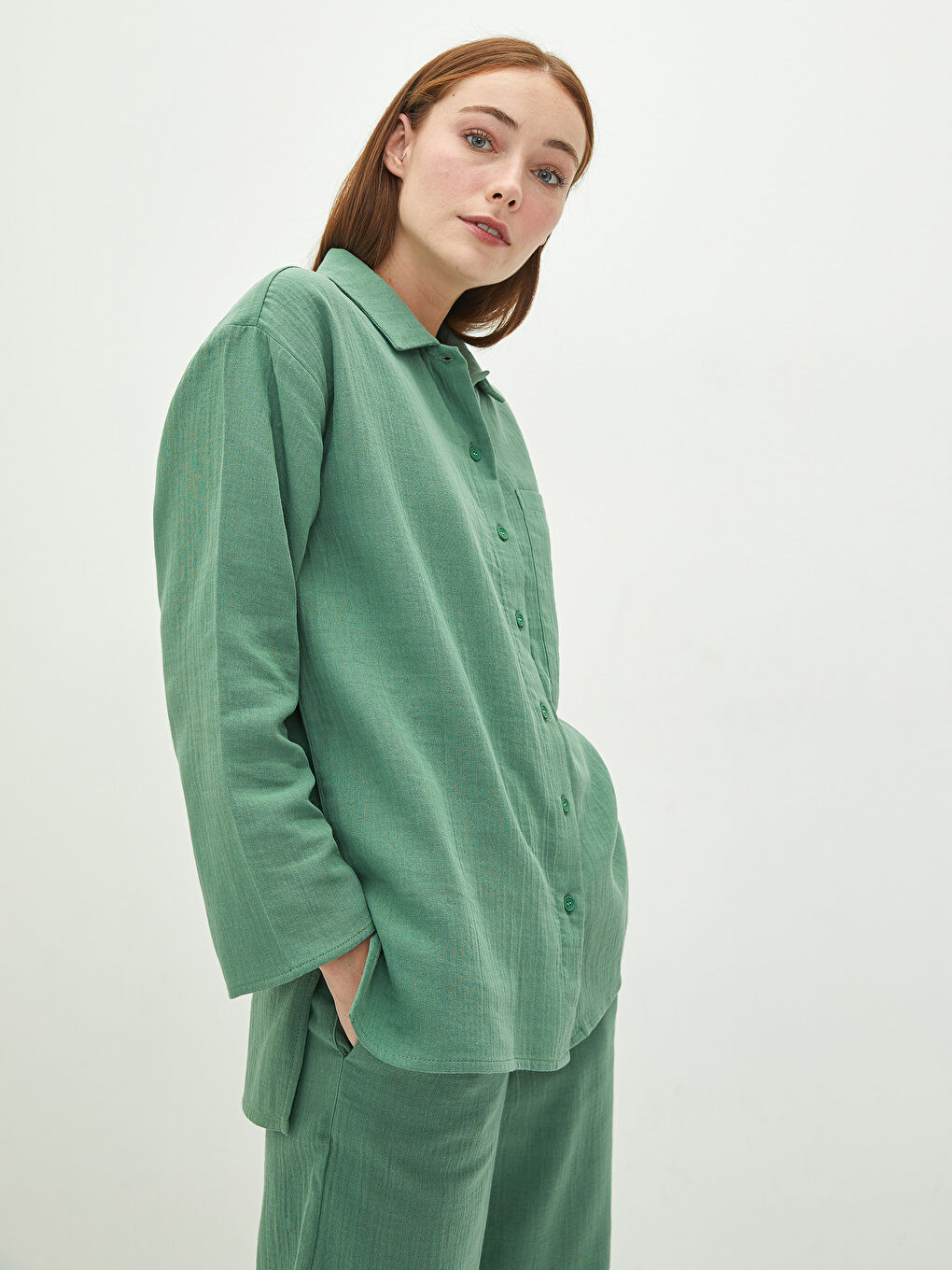 Yeşil Gömlek Yaka Uzun Kollu Pamuklu Kadın Tunik-1