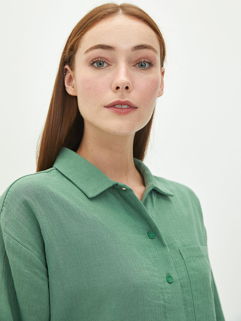 Yeşil Gömlek Yaka Uzun Kollu Pamuklu Kadın Tunik-2