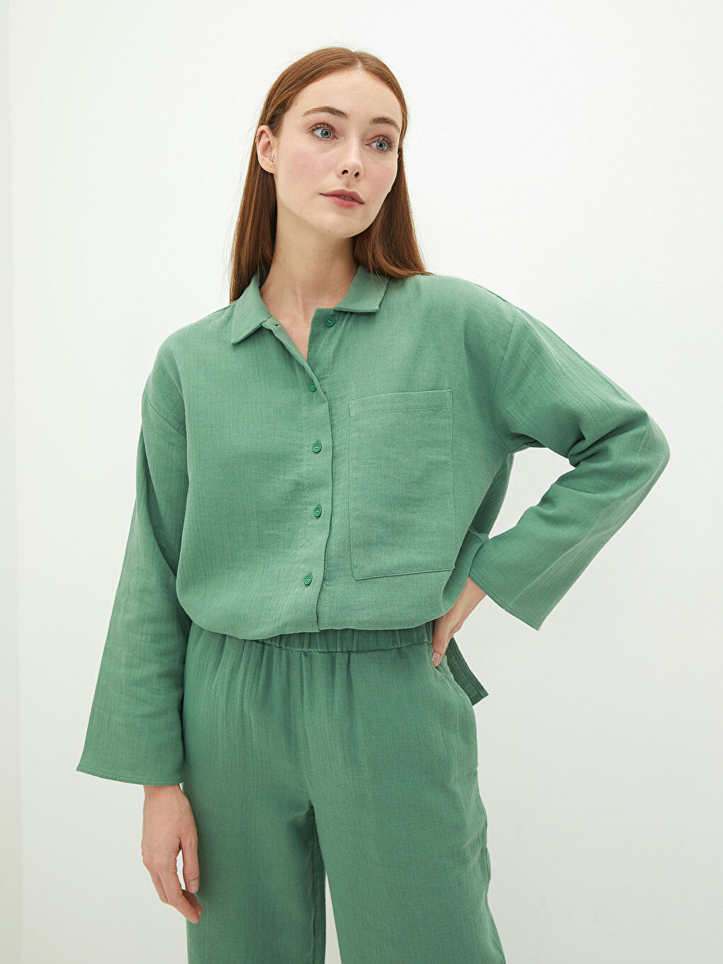 Yeşil Gömlek Yaka Uzun Kollu Pamuklu Kadın Tunik-3