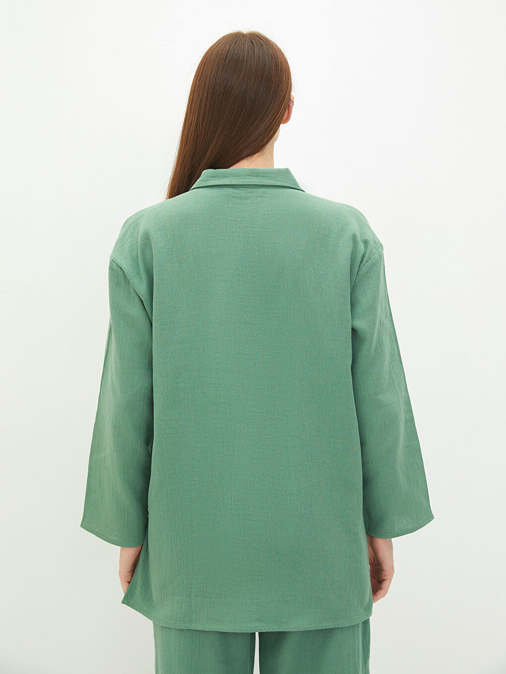 Yeşil Gömlek Yaka Uzun Kollu Pamuklu Kadın Tunik-4