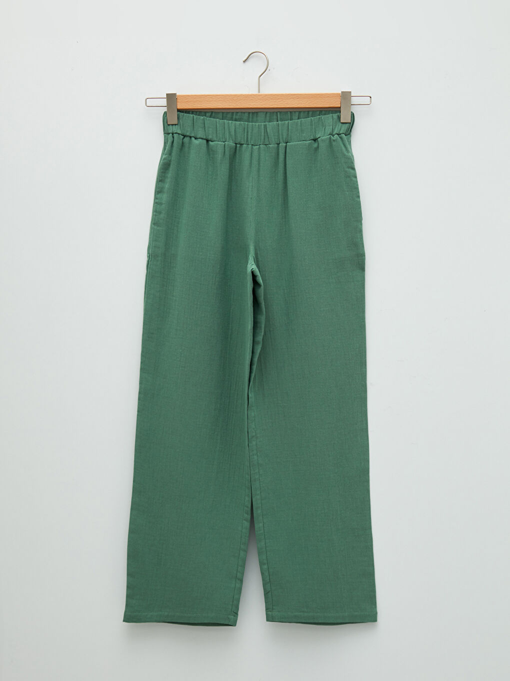 Yeşil Beli Lastikli Rahat Kalıp Müslin Kadın Pantolon-5