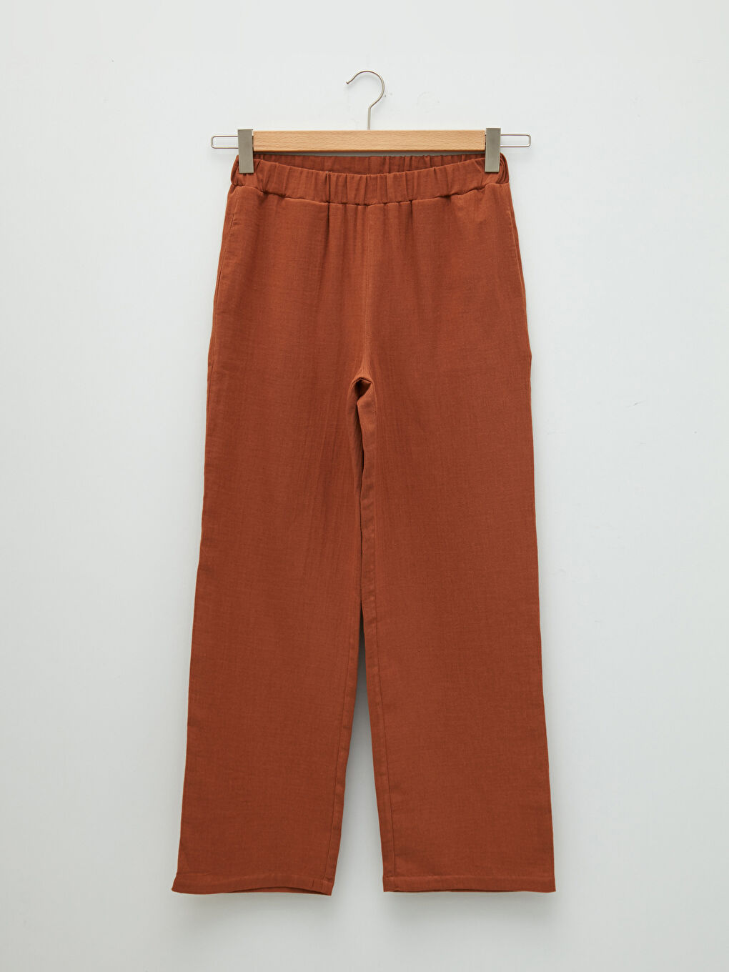 Kahverengi Beli Lastikli Rahat Kalıp Müslin Kadın Pantolon-5