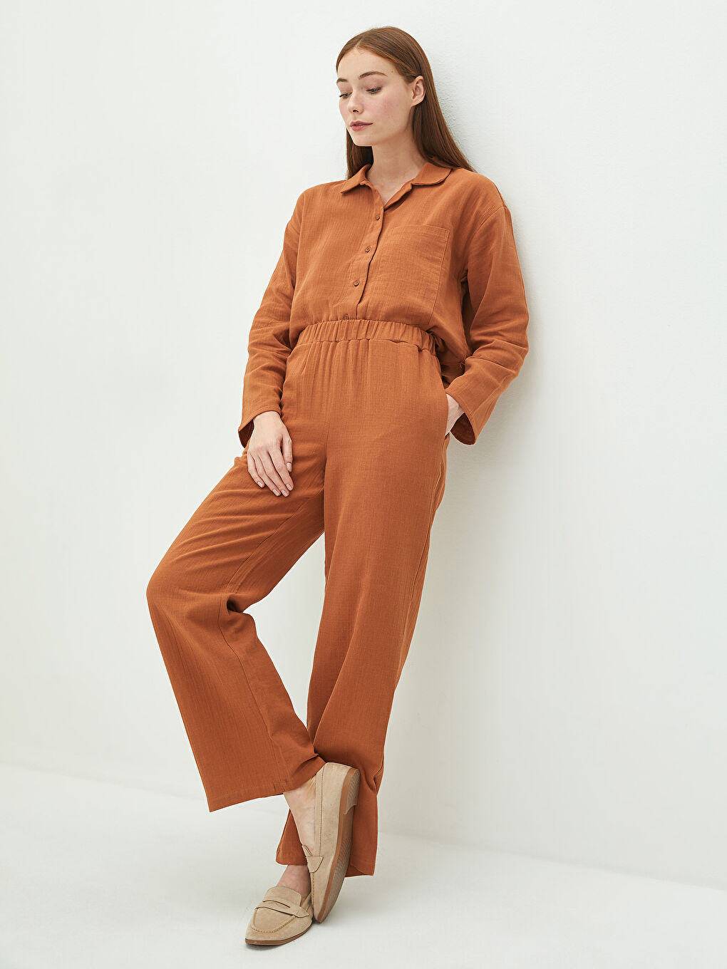 Kahverengi Beli Lastikli Rahat Kalıp Müslin Kadın Pantolon