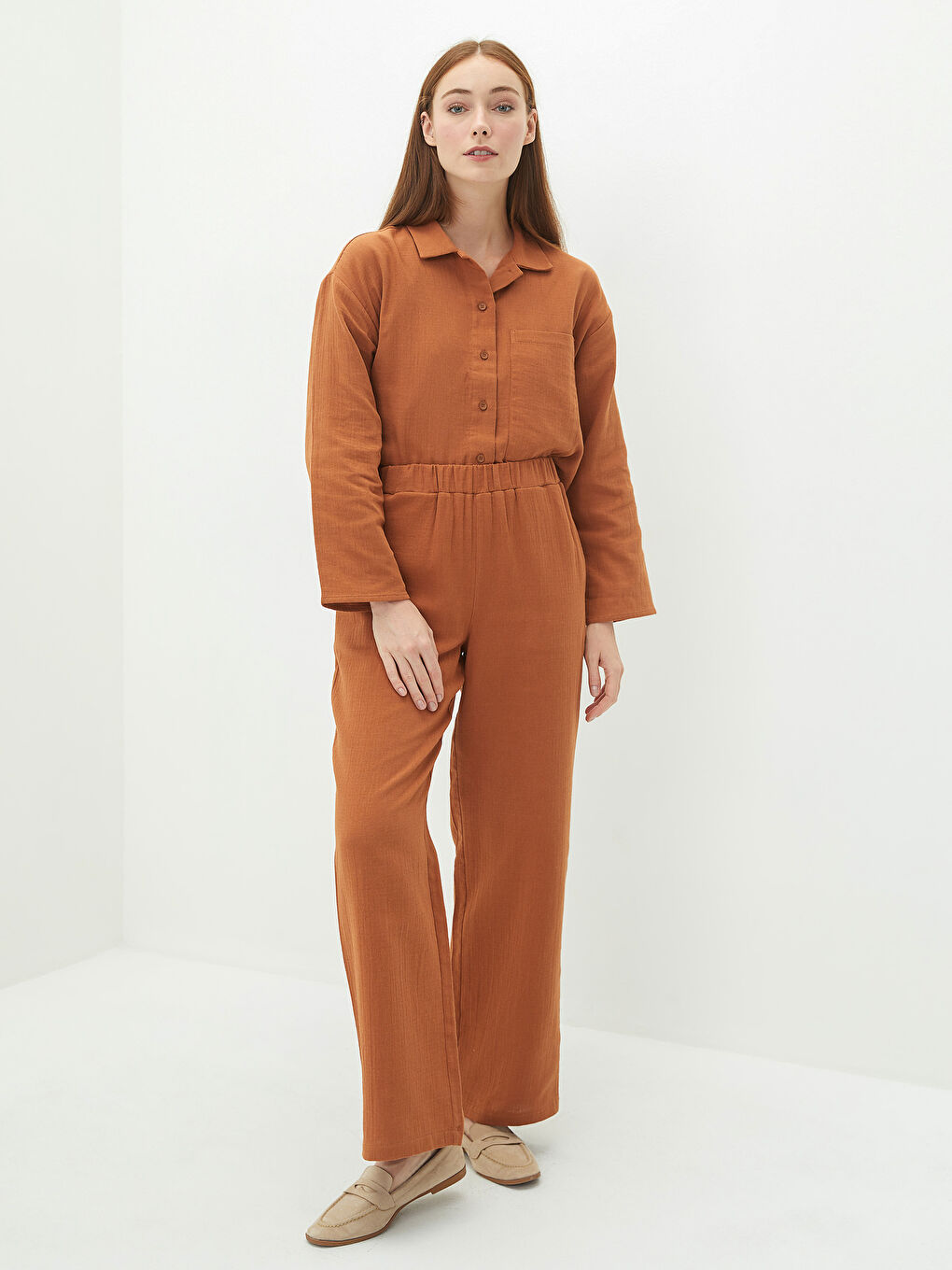 Kahverengi Beli Lastikli Rahat Kalıp Müslin Kadın Pantolon-1