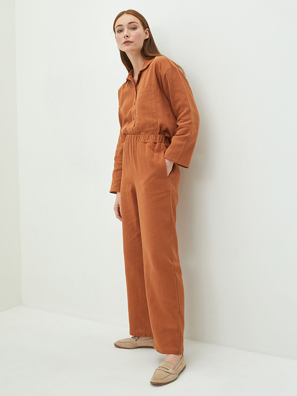 Kahverengi Beli Lastikli Rahat Kalıp Müslin Kadın Pantolon-2