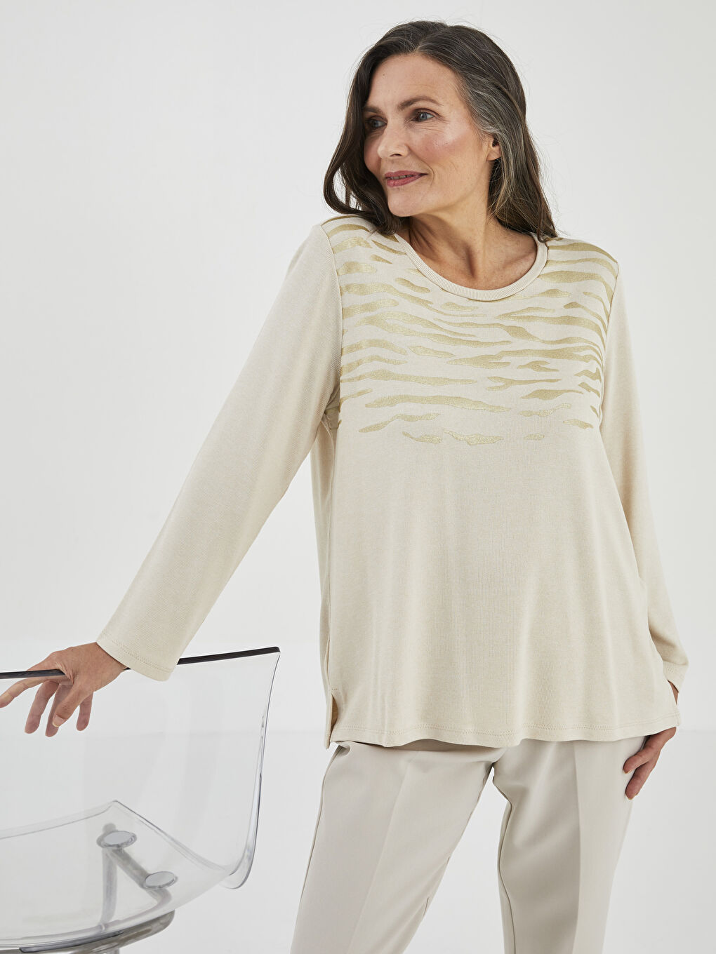 LCW Grace Crew Neck Patterned Long Sleeve Women's T-Shirt -W1JE92Z8-FX0