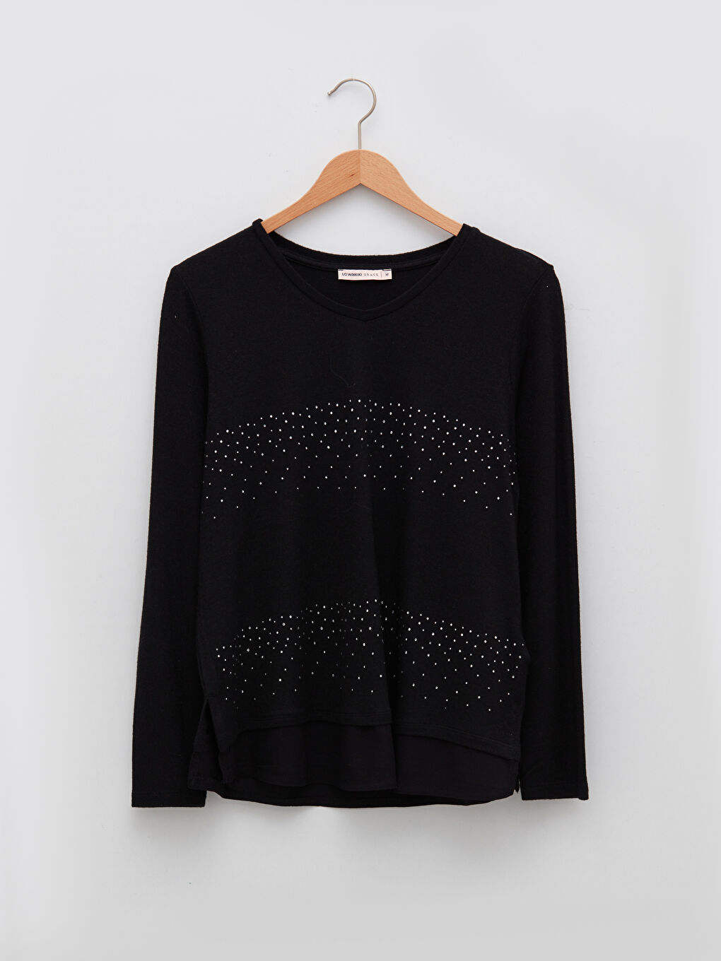 Siyah V Yaka Taşlı Uzun Kollu Kadın Bluz-5