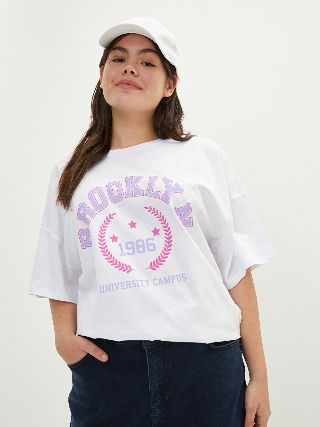 LCW Plus Size Crew Neck Printed Short Sleeve Cotton Women's T-Shirt -W1JF00Z8-E5X
