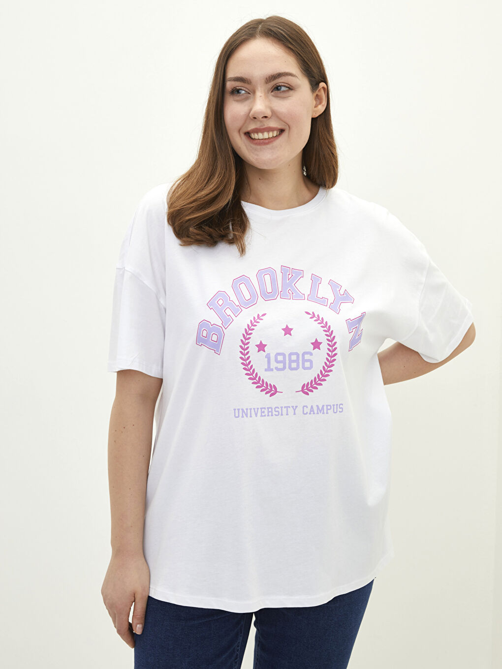 LCW Plus Size Crew Neck Printed Short Sleeve Cotton Women's T-Shirt -W1JF00Z8-E5X