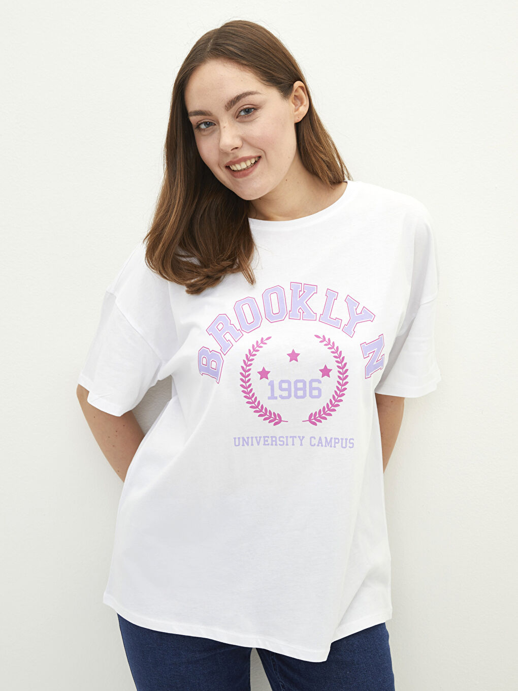 LCW Plus Size Crew Neck Printed Short Sleeve Cotton Women's T-Shirt -W1JF00Z8-E5X