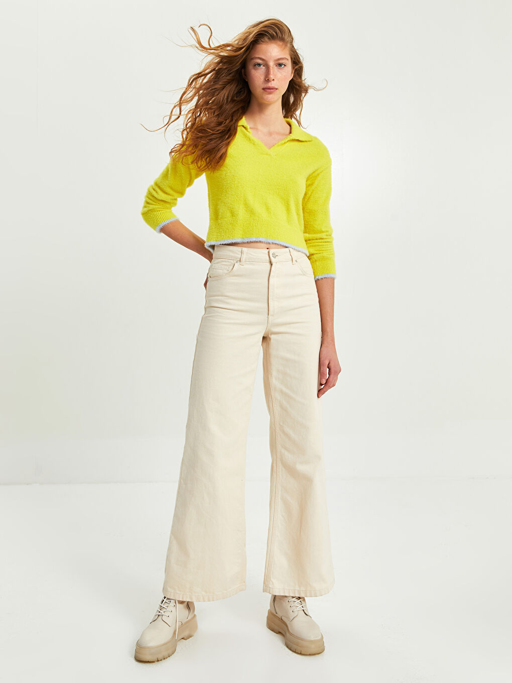 XSIDE Polo Yaka Crop Kadın Triko Kazak -W1JF10Z8-FZN