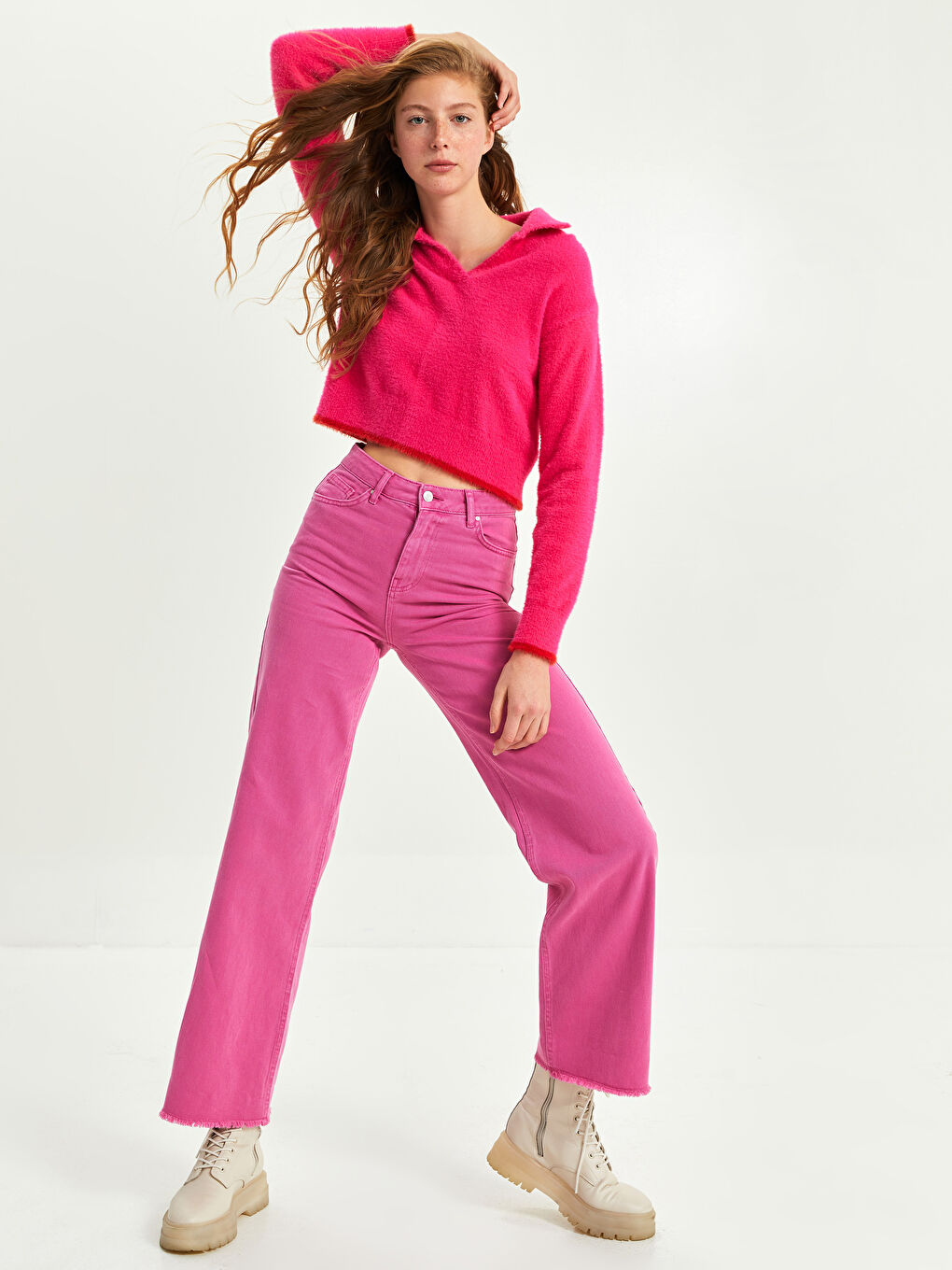 Pembe Polo Yaka Kadın Triko Kazak-4