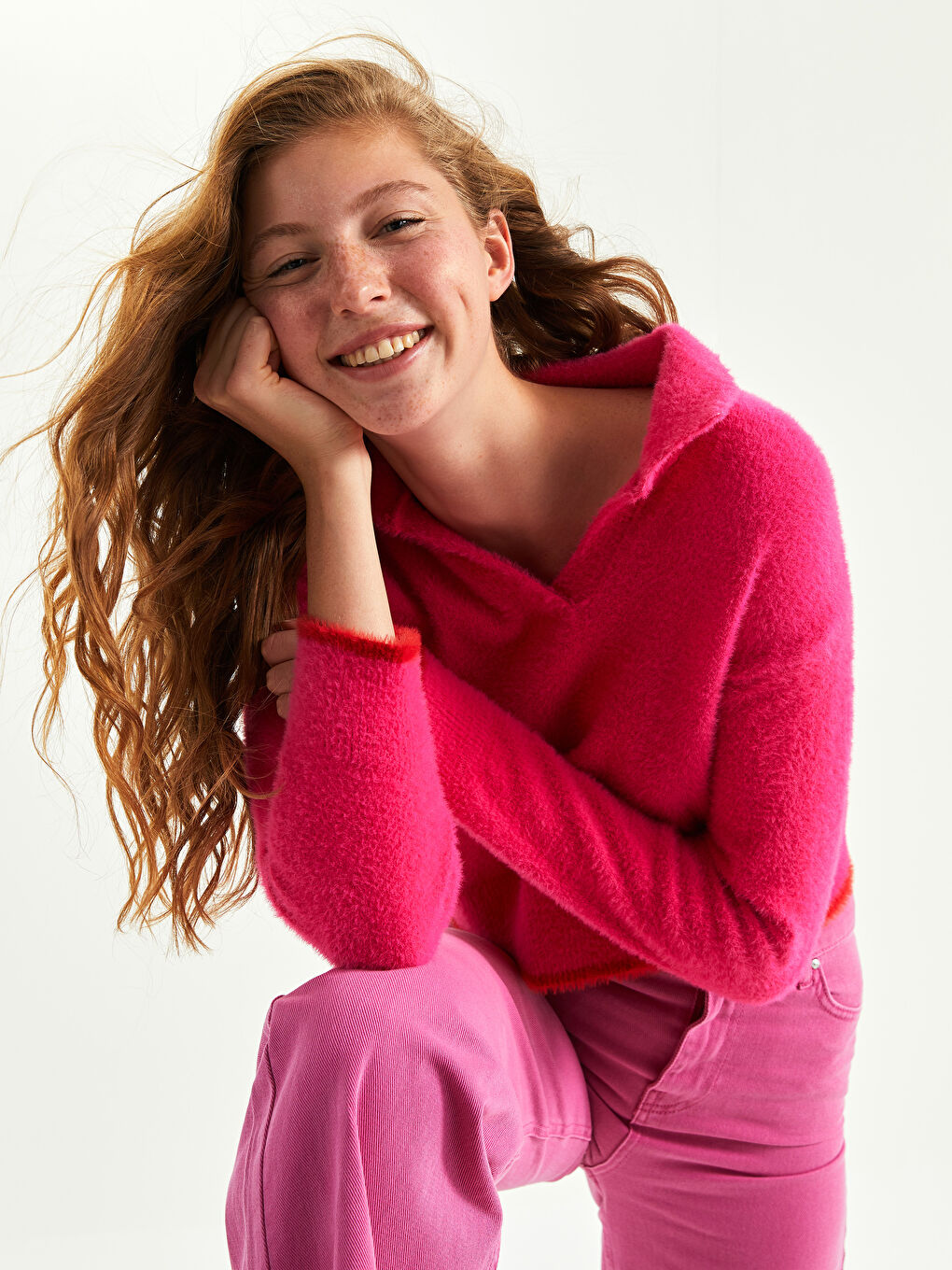 Pembe Polo Yaka Kadın Triko Kazak-2