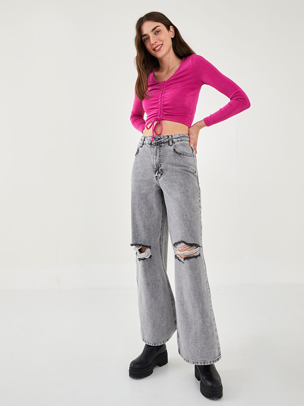 Jean Pour Femmes Taille Haute Coupe Confortable Détails Déchirés Jambe Large-1