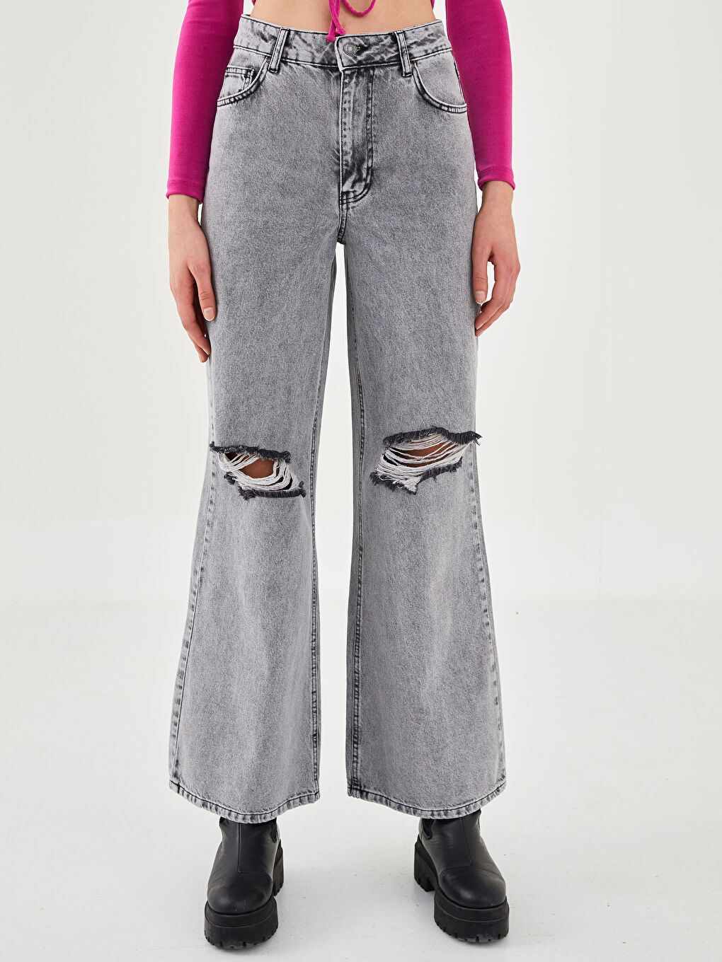 Jean Pour Femmes Taille Haute Coupe Confortable Détails Déchirés Jambe Large-3