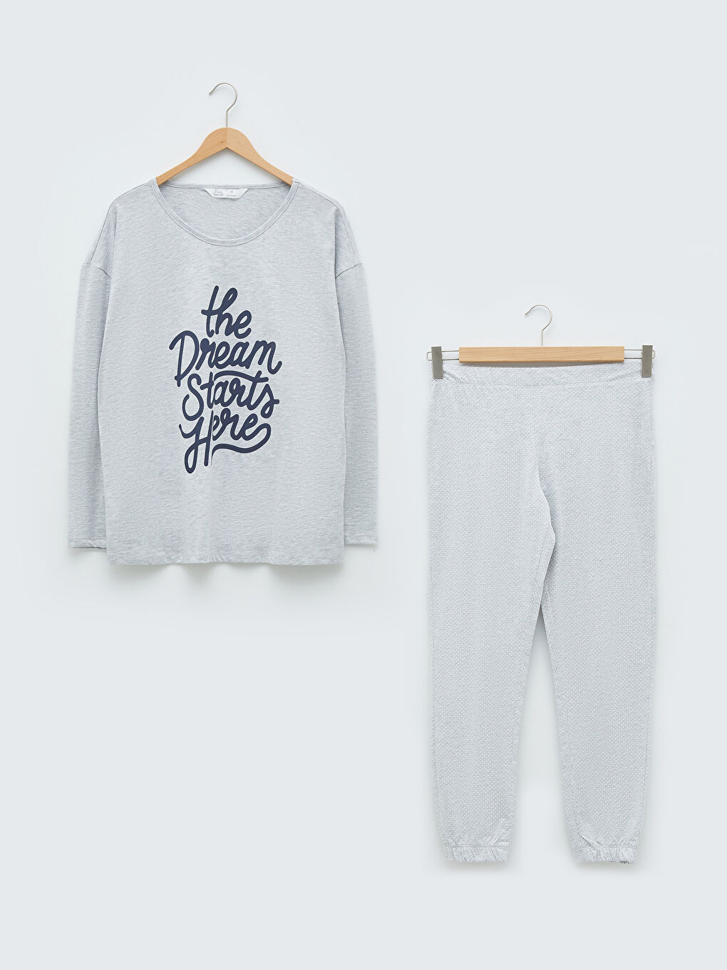 Gri Bisiklet Yaka Baskılı Uzun Kollu Kadın Pijama Takımı-5