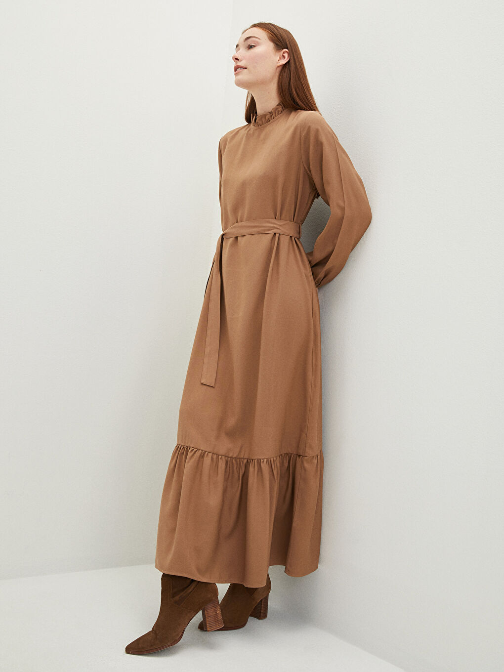 Robe Droite à Col à Volants avec Ceinture à la Taille et Manches Longues pour Femmes
