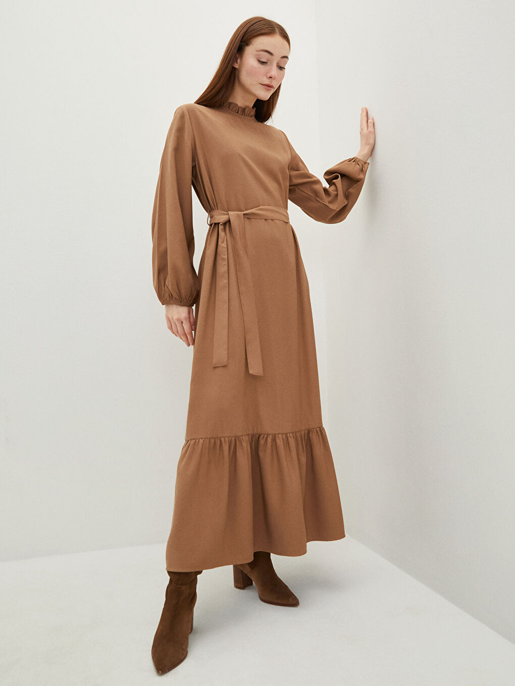 Robe Droite à Col à Volants avec Ceinture à la Taille et Manches Longues pour Femmes-1