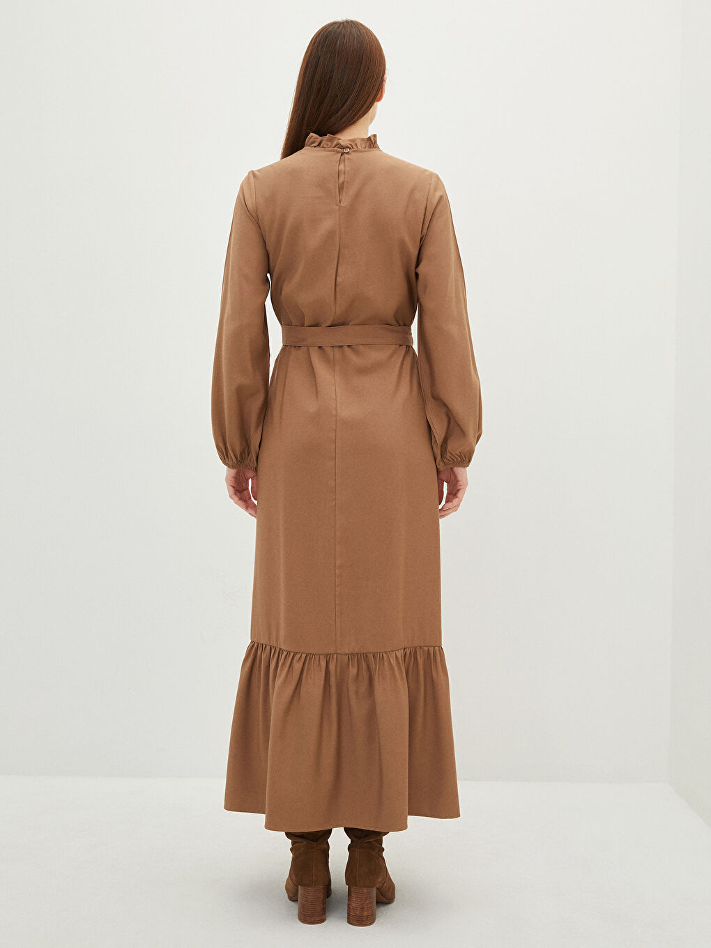 Robe Droite à Col à Volants avec Ceinture à la Taille et Manches Longues pour Femmes-4