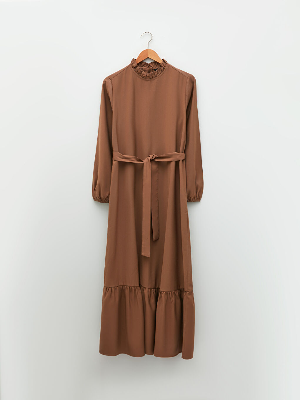 Robe Droite à Col à Volants avec Ceinture à la Taille et Manches Longues pour Femmes-5