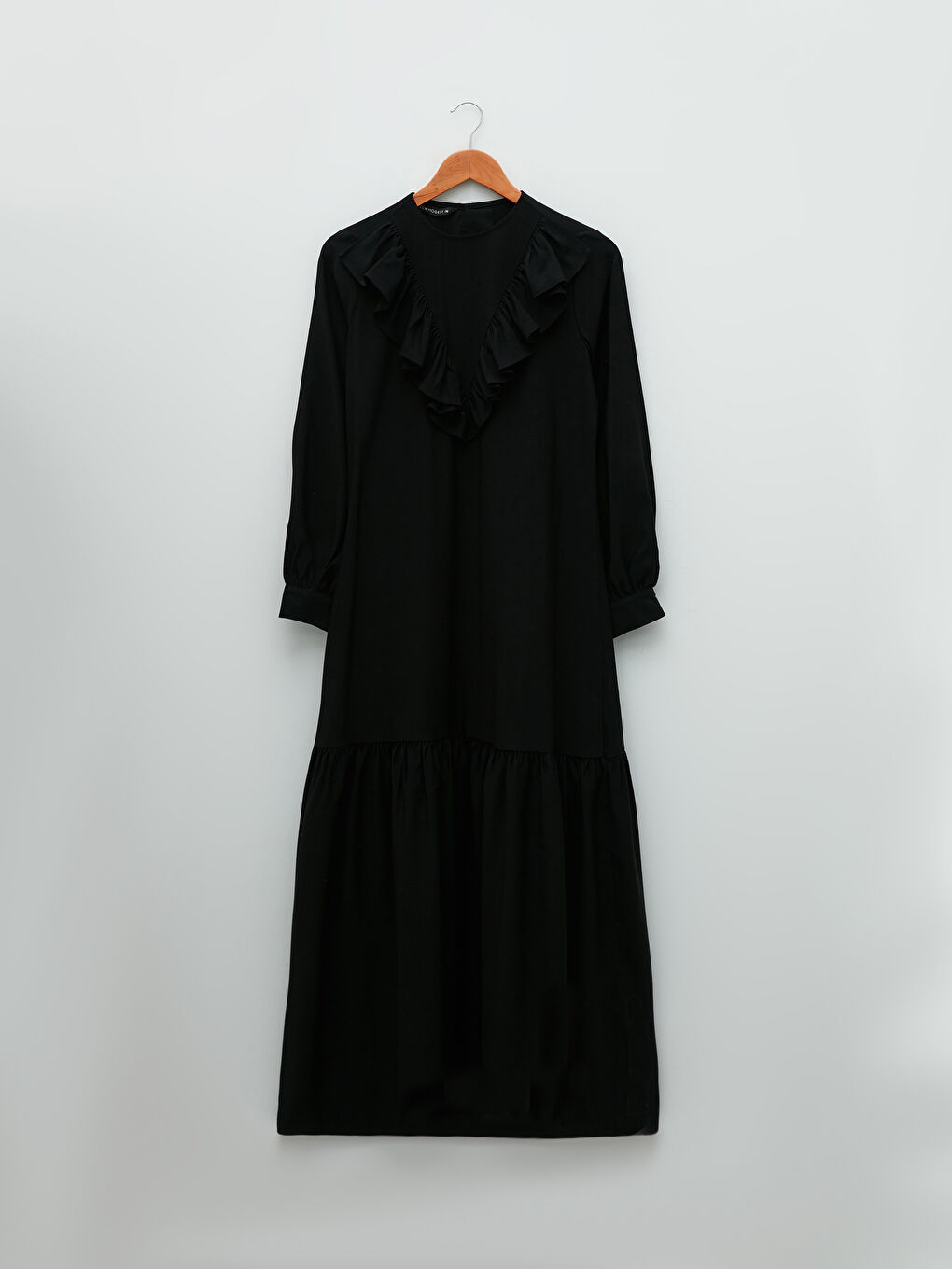 Siyah Bisiklet Yaka Fırfır Detaylı Uzun Kollu Kadın Gömlek Elbise-4