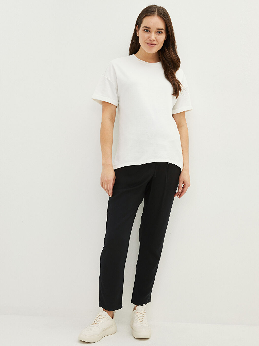 Серпімді белдік стандартты пішім кәдімгі қалталы креп жүктілік шалбары-1